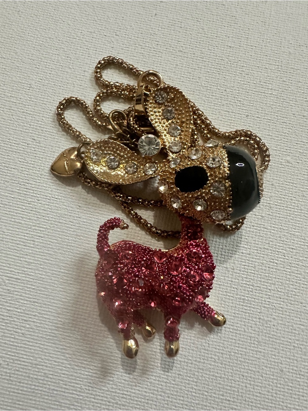 Betsy Johnson Gold Tone with Pink and White Rhinestone Dog Deer Pendant Necklace